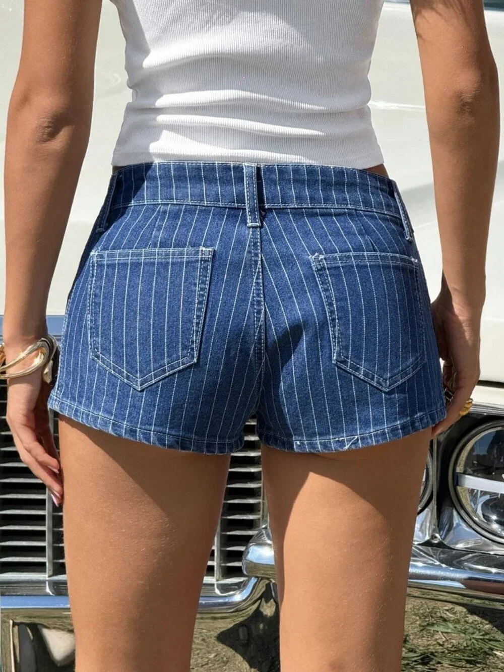 Blue Casual Women's Striped Low Waist Denim Shorts
